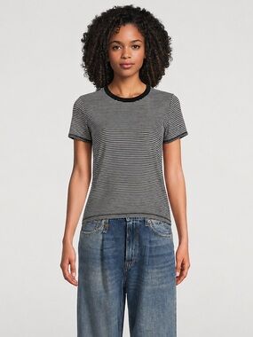 NEW R13 cotton Baby T-Shirt In black white micro Stripe Print Small crewneck top